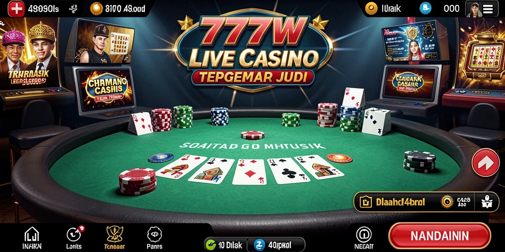 Screenshot permainan Live Casino 7777W menampilkan dealer langsung dan pemain berinteraksi.