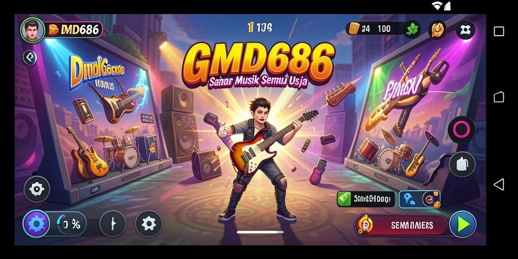 Tampilan gameplay DMD686 dengan nuansa musik yang ceria.