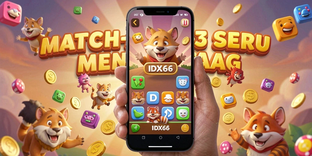 Tampilan screenshot menunjukkan gameplay Match-3 yang seru.