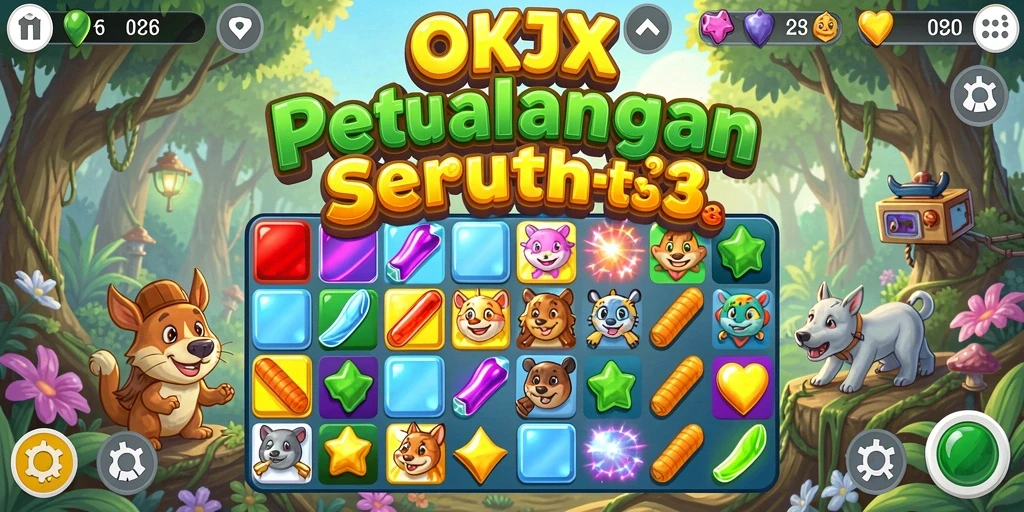 Tampilan seru gameplay Match-3 di OKJK dengan kombinasi warna cerah.