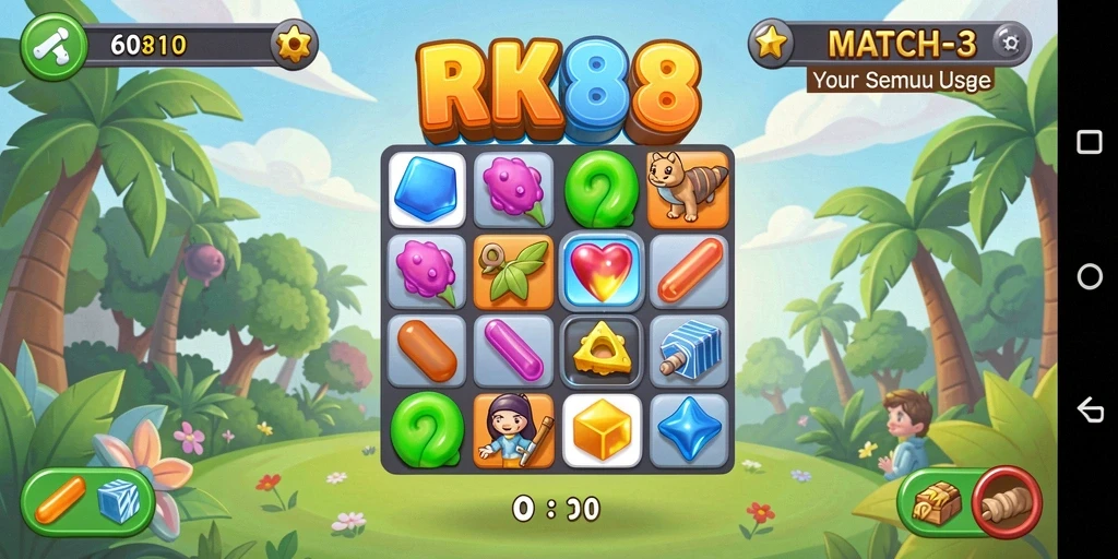Tangkapan layar gameplay RK88 dengan aksi mencocokkan item yang seru.