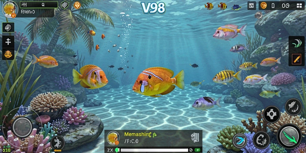 Tampilan gameplay V98 yang menampilkan sensasi memancing yang seru.