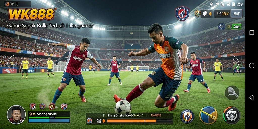 Tangkapan layar gameplay WK888 menampilkan aksi seru di lapangan sepak bola.